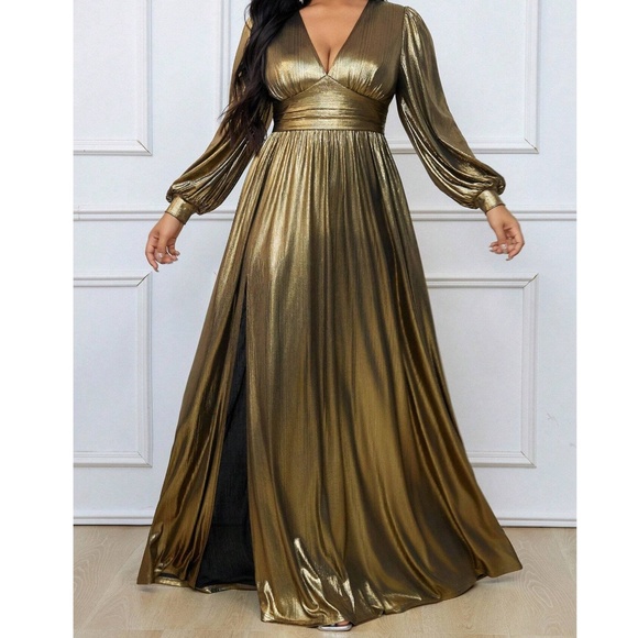 Plus Plunging Neckline High Waisted Split Thigh Wedding Party Formal Dress - Picture 3 of 9